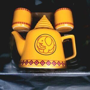 Ceramic Elephant Yellow & Red Tea Pot Set w/ Metal Strainer 5 Pcs Beehive Lid